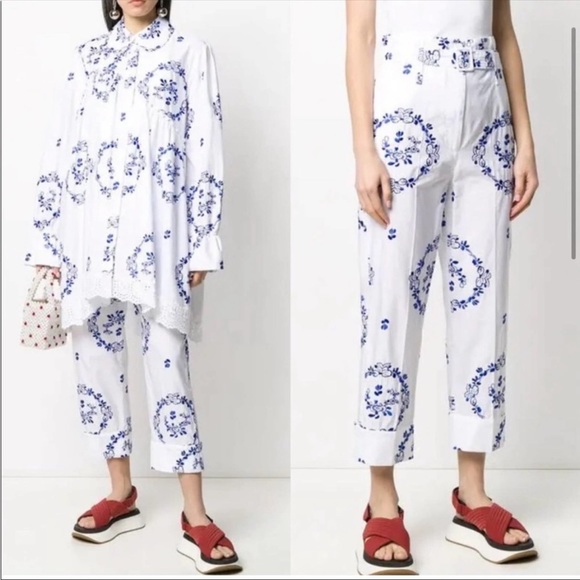 $995 Simone Rocha Belted Embroidered Cotton-blend Straight-leg Pants In White - Picture 1 of 10